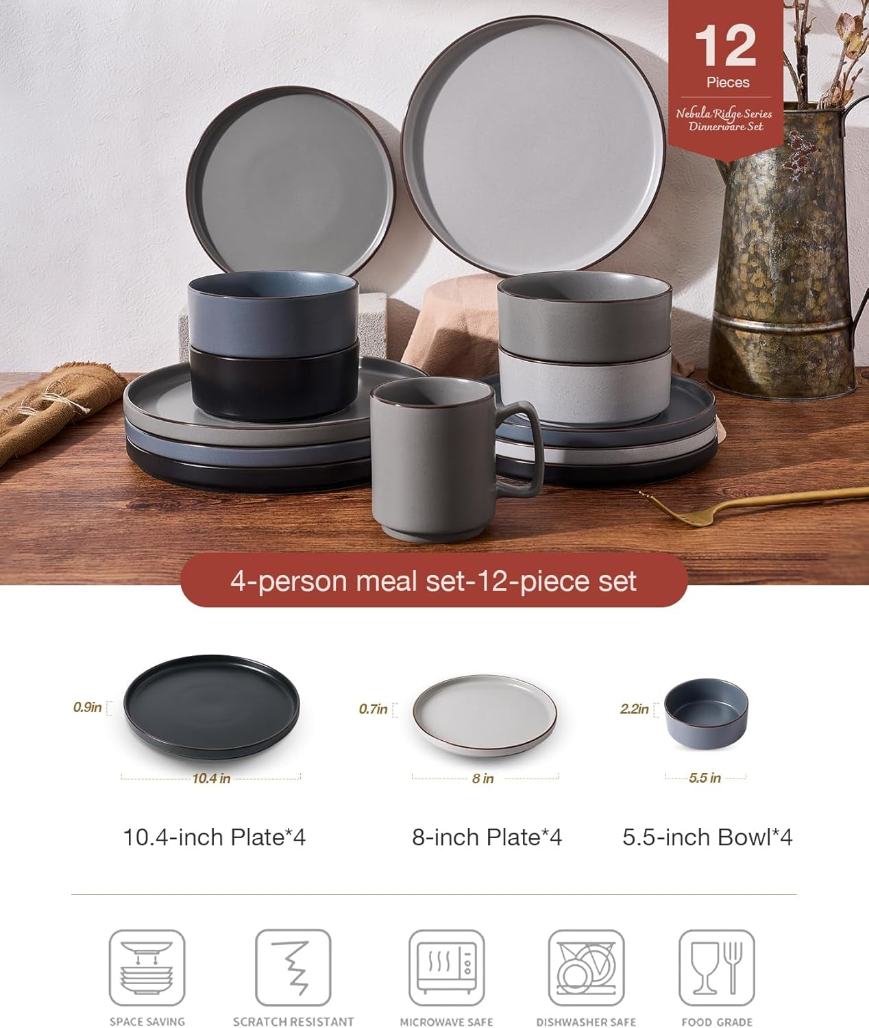 Nebula Ridge Stoneware Dinnerware Sets, Plates and Bowls Sets for 4, 12 Pieces Dishes Set, Microwave and Dishwasher Safe Kitchen Plates, Multi-Color