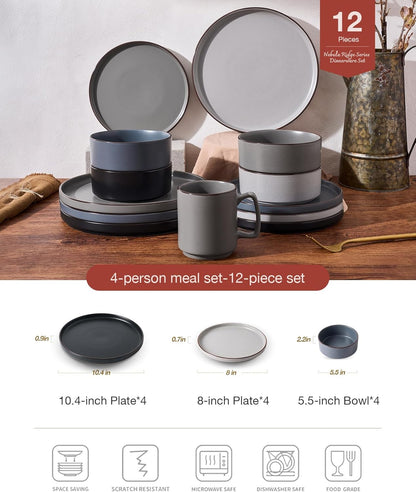 Nebula Ridge Stoneware Dinnerware Sets, Plates and Bowls Sets for 4, 12 Pieces Dishes Set, Microwave and Dishwasher Safe Kitchen Plates, Multi-Color