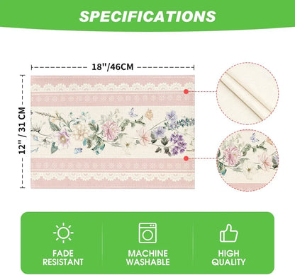 Pink Printed Lace Floral Spring Placemats Set of 4, 12X18 Inch Seasonal Summer Holiday Table Mats for Party Kitchen Dining Decoration