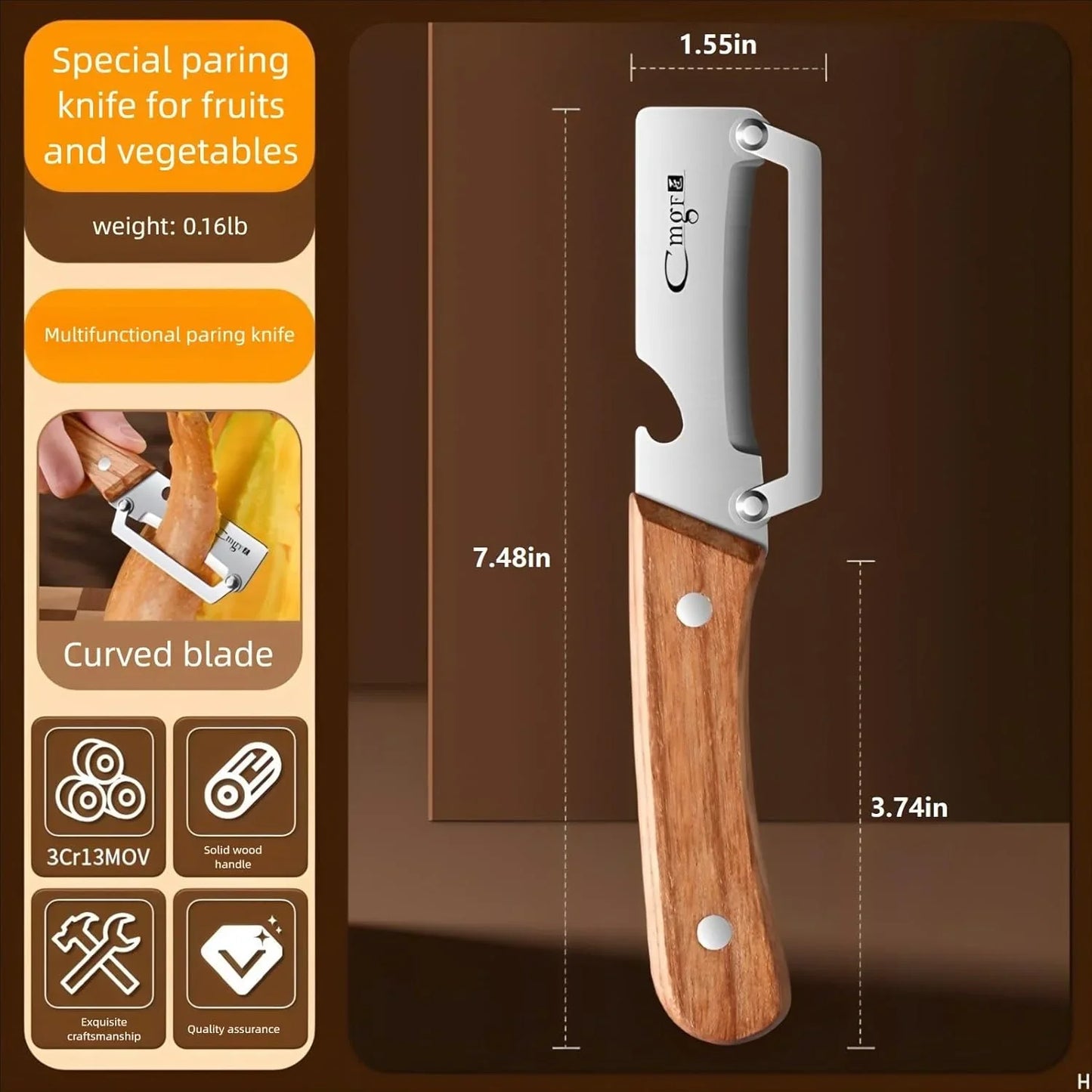 Premium Vegetable Peeler with Wooden Handle and Bottle Opener Stainless Steel Blade Kitchen Tool for Fruit Apple Potato Pumpkin Papaya Zucchini