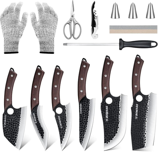 Cleaver Butcher Knife Set of 13, Hand Forged Meat Knife, High Carbon Steel Kitchen Boning for Cutting with Roll Bag & Accessories Kitchen BBQ Outdoor Gift for Men