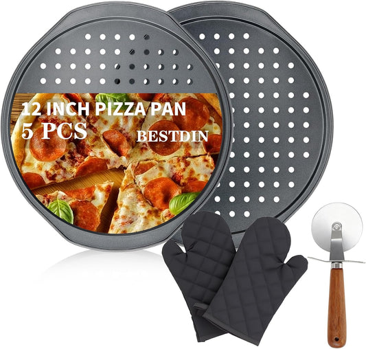5Pcs Pizza Pan Set - 12 Inch Pizza Pan with Holes, Non-Stick, Pizza Oven Accessories with 2 Carbon Steel round Pans, Pizza Cutter and 2 Gloves, Dishwasher Safe