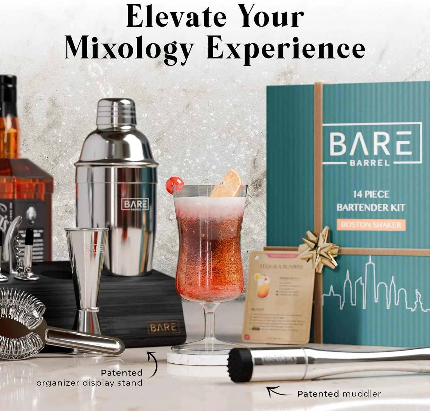 ® Mixology Bartender Kit Bar Set | 14-Piece Cocktail Shaker Set | Martini Barware Mixing Tools for Home Bartending | Incl. 35 Recipe Cards | Gift Set (24Oz Cobbler Shaker, Silver/Black)