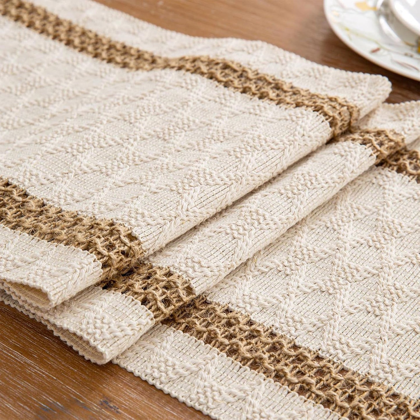 Boho Table Runner for Easter Spring Home Decor 72 Inches Long Farmhouse Macrame Easter Table Runner Cotton Linen Woven Table Runners for Summer Dining Table Decoration, Beige & Brown