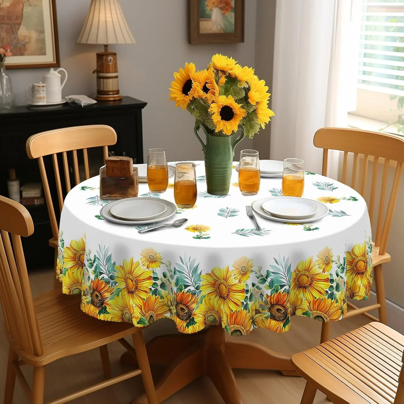 Sunflower round Tablecloth 60Inch,Tablecloth Waterproof and Wrinkle-Free, Boho Table Covers, Summer Decorations for Home