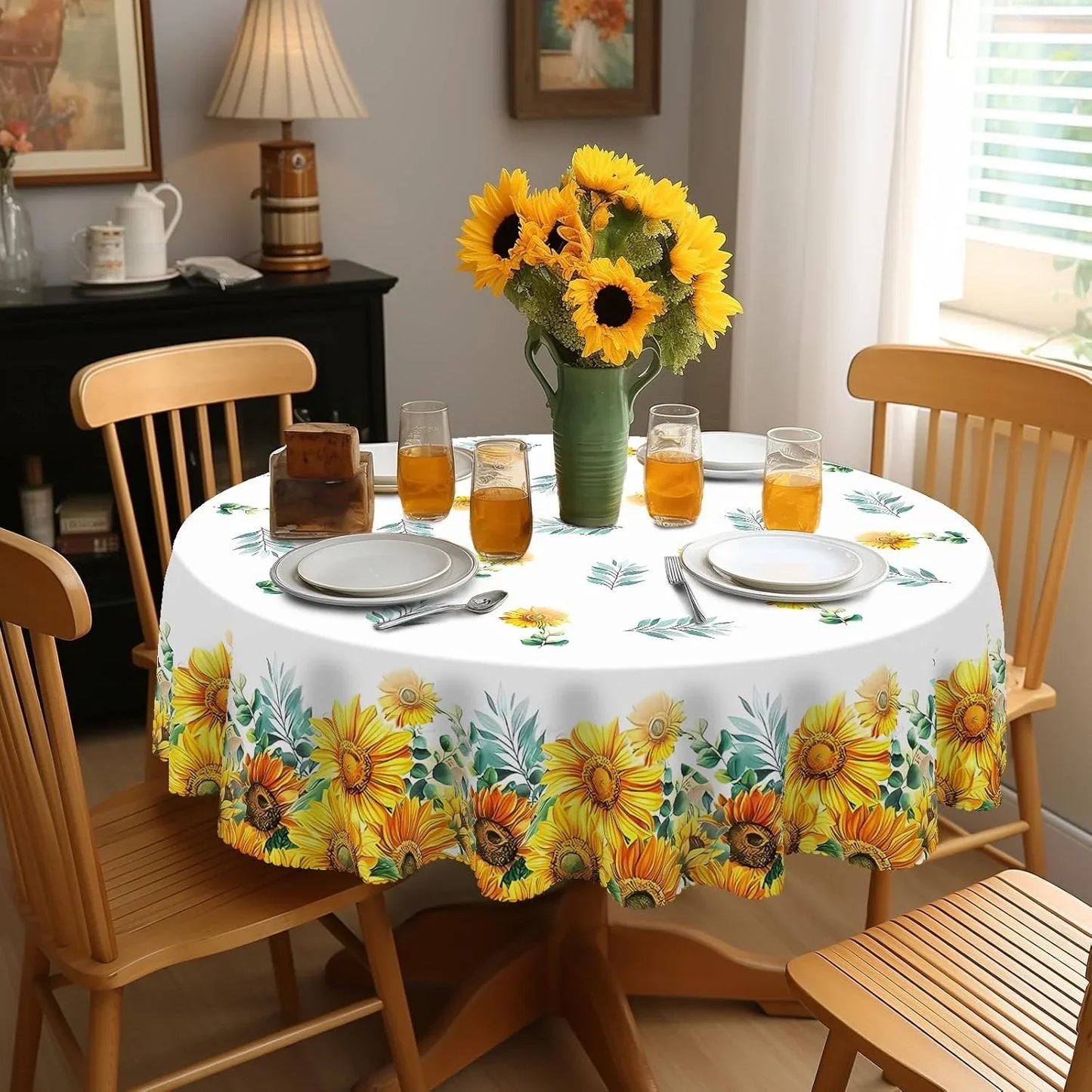 Sunflower round Tablecloth 60Inch,Tablecloth Waterproof and Wrinkle-Free, Boho Table Covers, Summer Decorations for Home