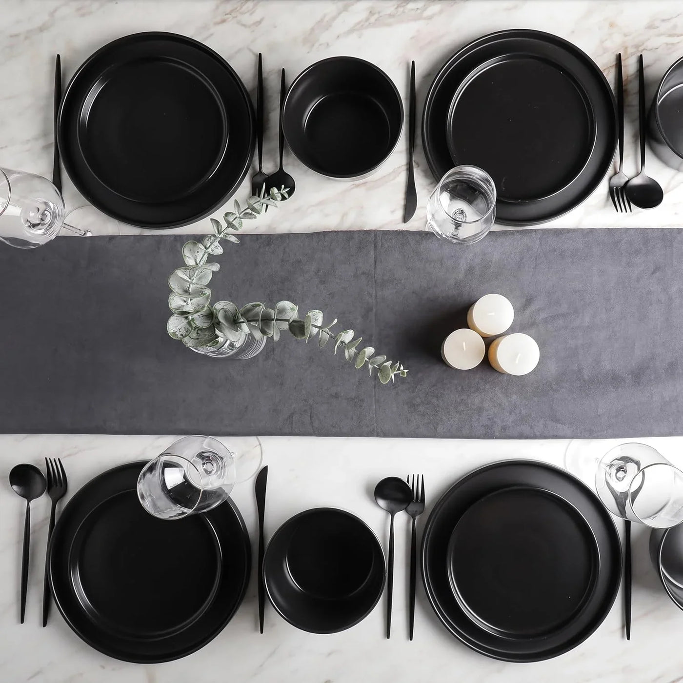 Celina Stoneware 16 Piece Modern Dinnerware Set, Plates and Bowls, Black Matte, Service for 4, Microwave & Dishwasher Safe