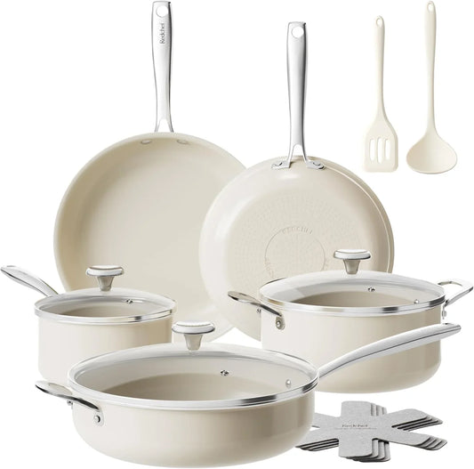 Ceramic Nonstick Cookware Set,14Pcs Pots and Pans Set Non Stick,Induction Cookware with Stainless Steel Handle,Non Toxic Kitchen Cooking Set,Dishwasher & Oven Safe,Pfas PFOA & PTFE Free