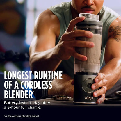 Man holding Ninja cordless blender with long battery life, perfect for post-workout smoothies
