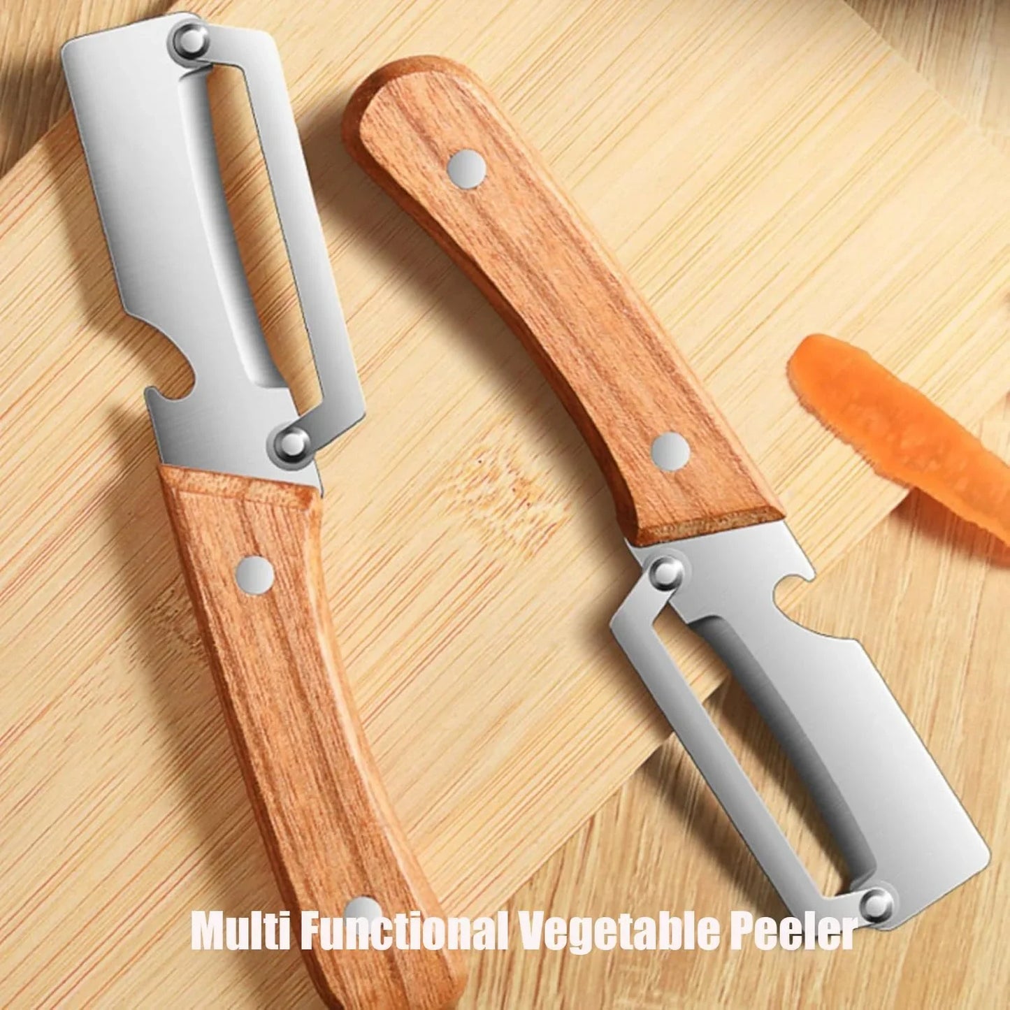 Stainless steel vegetable peeler with wooden handle on bamboo cutting board, carrot peel visible