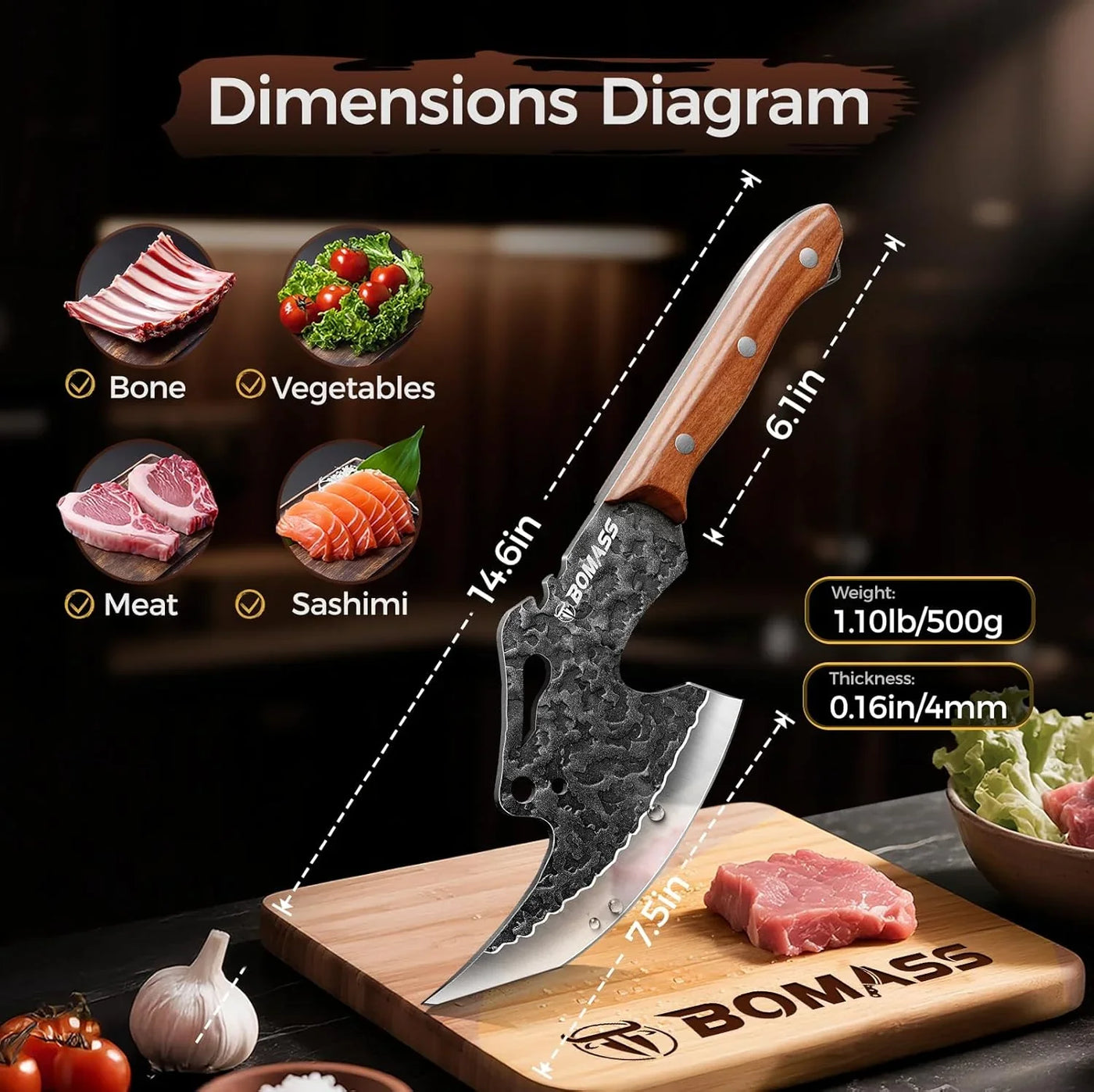 Viking Meat Cleaver Knife Boning Knife Hand Forged Heavy Duty Butcher Knife Meat Cutting Kitchen Axe for Outdoor BBQ Birthday Chirstmas Viking Gifts for Men
