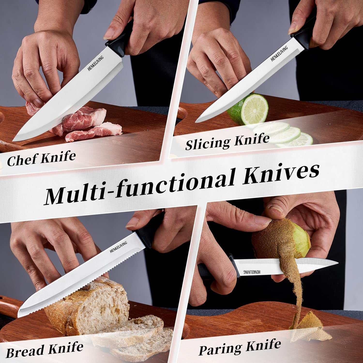 Knife Set, 14-Piece Kitchen Knives Set with Block, German High Carbon Stainless Steel, Ergonomic Non-Slip Handles, Blacksilver