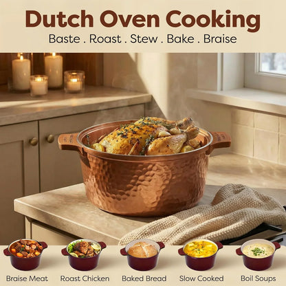 Hammered 5 Qt Lightweight Dutch Oven Pot with Lid & Holders, Ceramic Non Toxic, Oven Safe & Even Heat Retaining Dutch Oven for Bread Baking Sourdough, Soup, 70% Lighter than Cast Iron