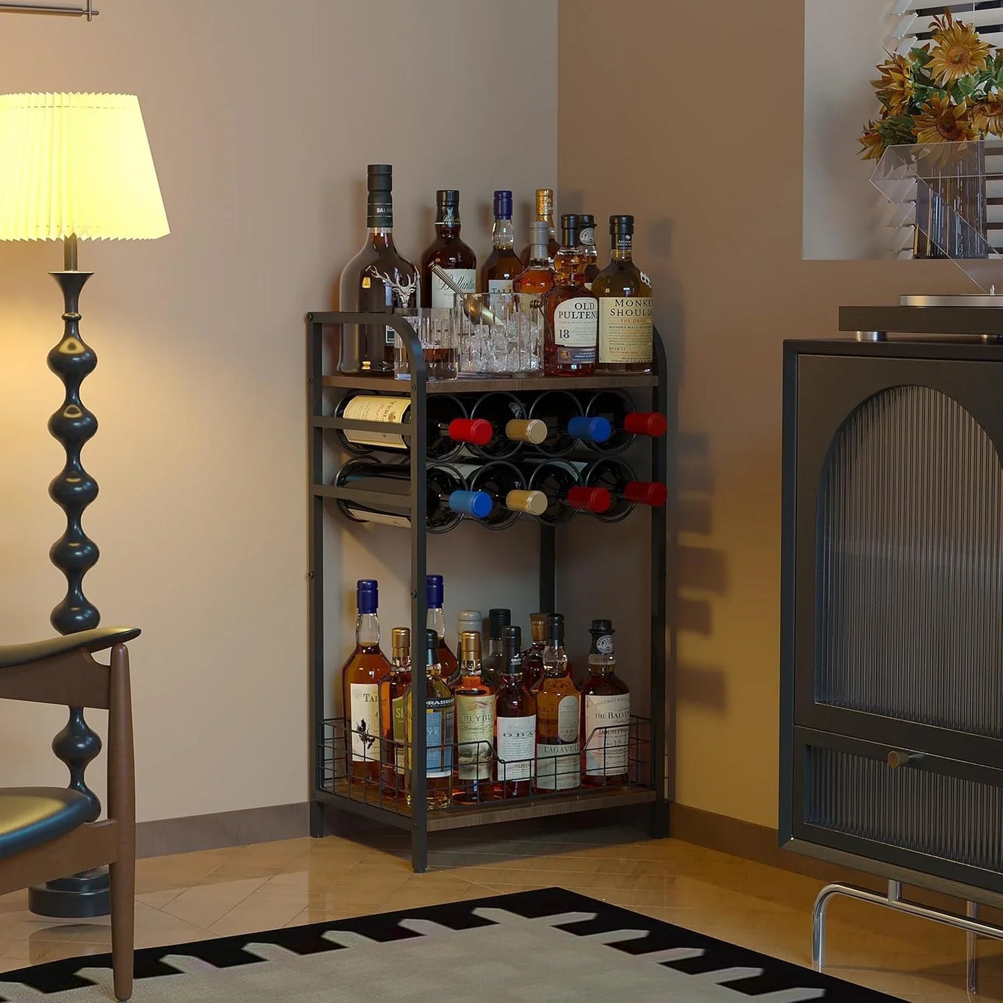 3-Tier Wine Bar Table: Small Liquor Bottle Holder with 8-Bottle Wine Rack Mini Wine Bar Cabinet Corner Whiskey Display Shelf Floor Liquor Storage Bar for Home Living Room