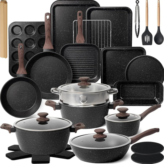 Pots and Pans Set Non Stick 31 Piece Kitchen Nonstick Cooking Cookware Sets with Grill Pan Saucepan Baking Sheet Utensil, Black