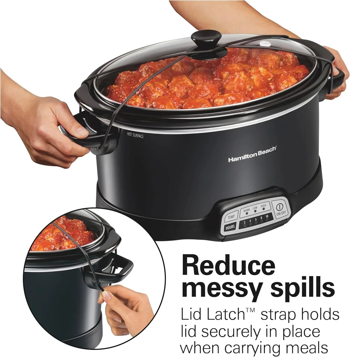Portable 7 Quart Programmable Slow Cooker with Three Temperature Settings, Lid Latch Strap for Easy Travel, Dishwasher Safe Crock, Black (33474G)