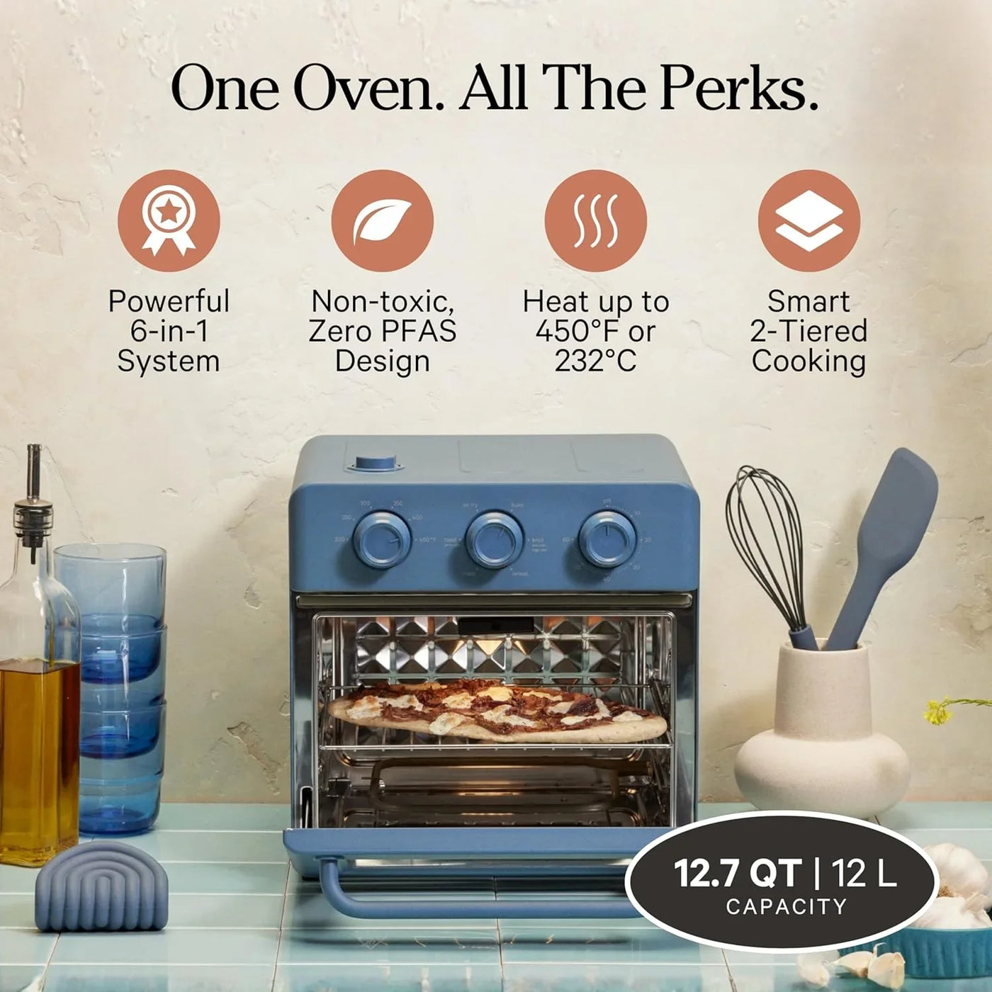 Wonder Oven | 6-In-1 Stainless Steel Air Fryer Toaster Oven Combo with Basket, Rack, Pan & Tray | Compact 13 QT Countertop Capacity - Toast, Roast, Bake, Reheat, Broil & Steam | Blue Salt