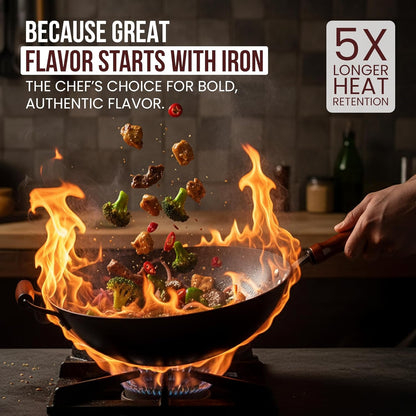 Pre-Seasoned Cast Iron Nonstick Stir-Fry Pan | Dual Handles & 4 Spatulas | Flat Bottom Wok with Wooden Lid & Wood Handle | Traditional Chinese Induction Wok (32Cm)