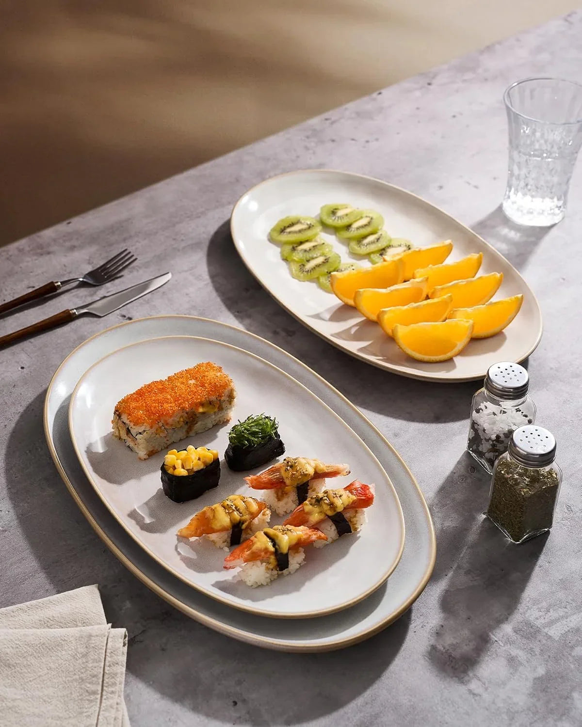Serving Platter, Oval 15.59/14.3/12.9 Inch Serving Dishes for Entertaining, Serving Bowls, Microwave Safe, Stonware Serving Trays for Party, Turkey, Cheese, Ocean Series, Cappuccino White