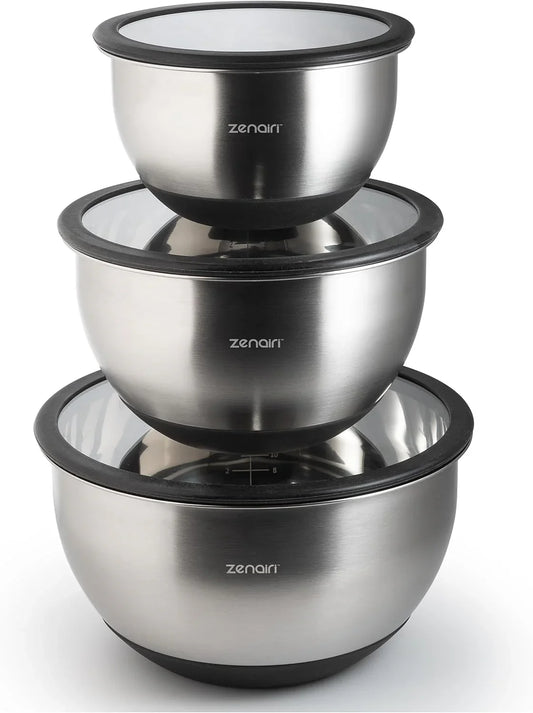 Premium Quality/Heavier Gauge Metal Mixing Bowls Stainless Steel Mixing Bowls with Lids Set 3-Piece Dishwasher-Safe Clear Glass Lids, No Plastics