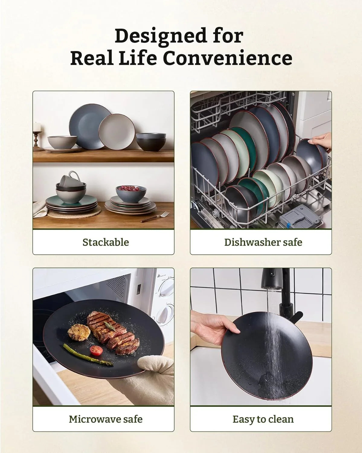 Venus Plates and Bowls Sets, 12 Pieces Stoneware Chip Resistant Dinnerware Dishes Set for 4, Matte Black - Microwave & Dishwasher Safe, Modern Minimalist, for Everyday Meals & Formal Dining