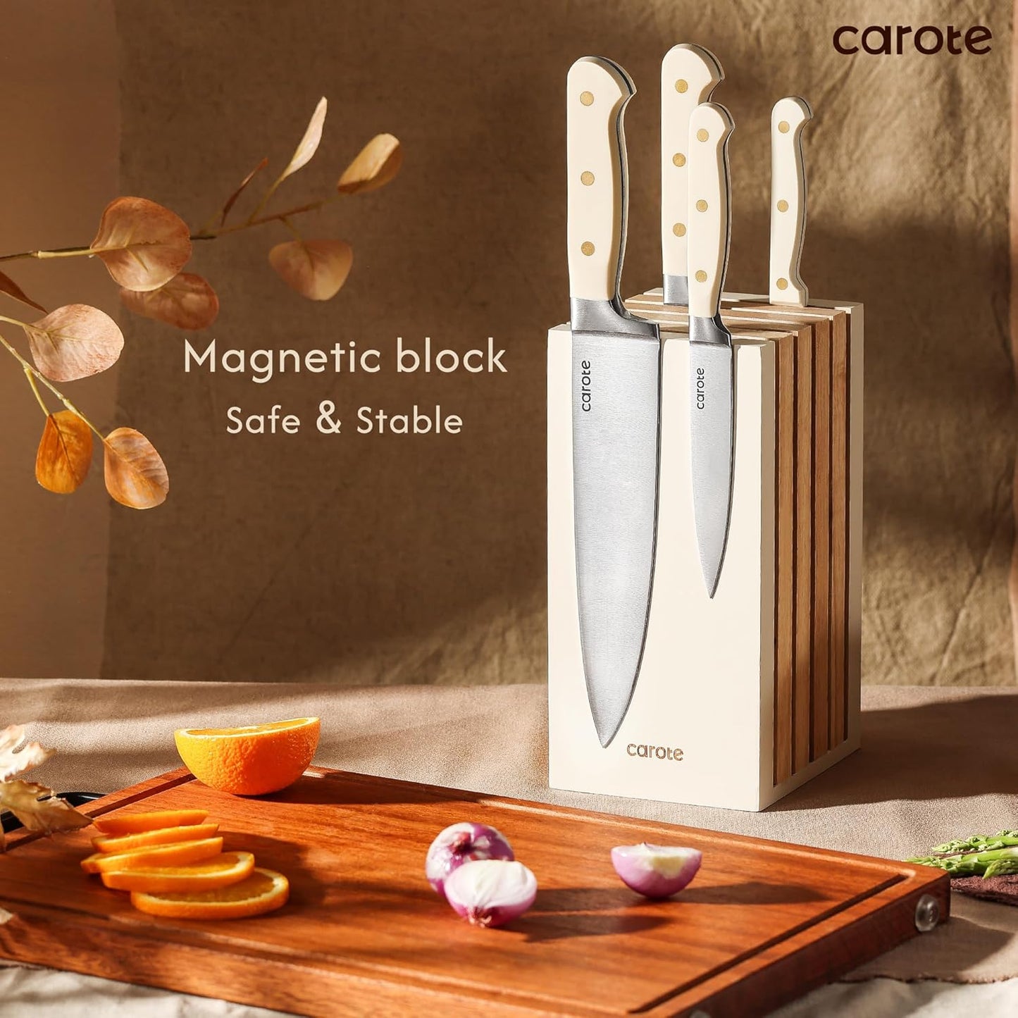 11 Pieces Knife Set with Block for Kitchen, Stainless Steel Razor-Sharp Blade, Triple Riveted Ergonomic Handle, Wooden Magnetic Block, Essential Knife Block Set, Beige