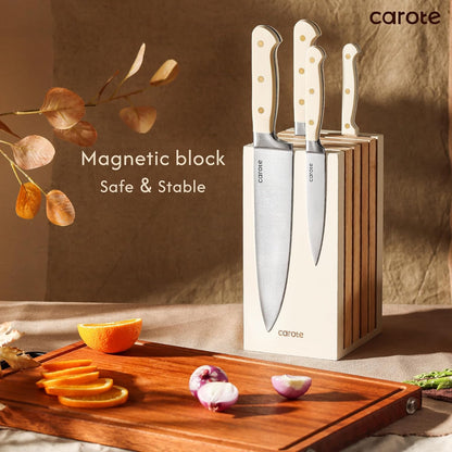 11 Pieces Knife Set with Block for Kitchen, Stainless Steel Razor-Sharp Blade, Triple Riveted Ergonomic Handle, Wooden Magnetic Block, Essential Knife Block Set, Beige