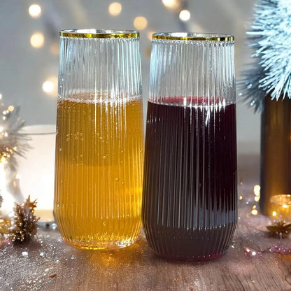 48 Pack Ribbed Origami Ripple Plastic Glasses, 24 9 Ounce Stemless Champagne Flutes & 24 12 Ounce Cups, Bpa-Free Disposable Shatterproof Toasting Glasses for Weddings Bars Events (Gold Rim)