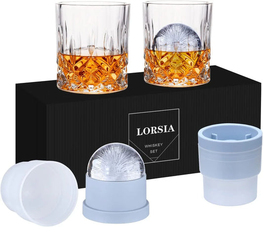 Whiskey Rocks Glass, Set of 4 (2 Crystal Bourbon Glasses, 2 round Big Ice Ball Molds) in Gift Box - 10 Oz Old Fashioned Glasses for Scotch Cocktail Rum Cognac Vodka Liquor, Unique Gifts for Men