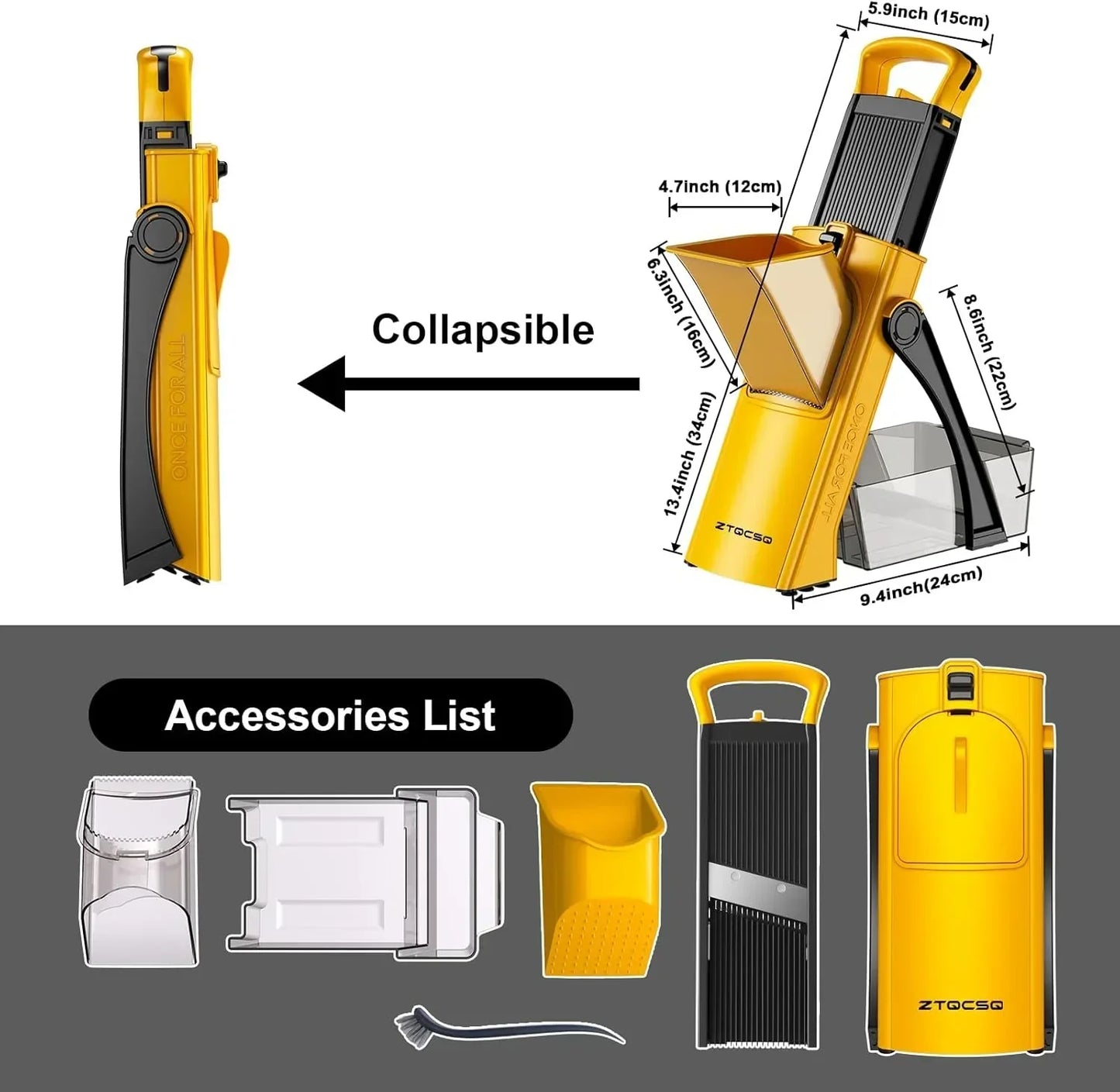 Collapsible yellow vegetable chopper with accessories, ideal for kitchen prep and storage