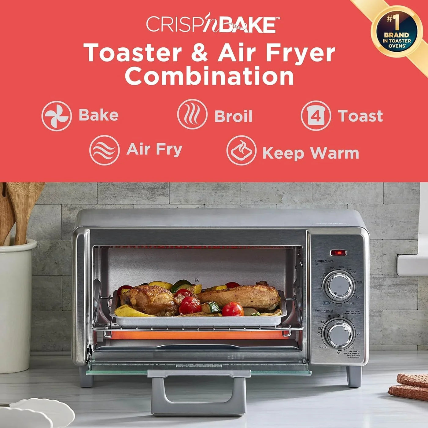 Crisp 'N Bake Air Fry Countertop Convection Toaster Oven, Medium Capacity, 4-Slice, 5-In-1, Fits 9” Pizza, 30-Min Timer, Bake, Broil, Air Fry, Toast, Keep Warm, Stainless Steel