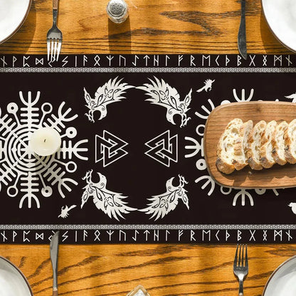 Black Viking Tree of Life Raven Helmet of Awe Table Runner, Seasonal Kitchen Dining Table Decoration for Home Party Decor 13X72 Inch