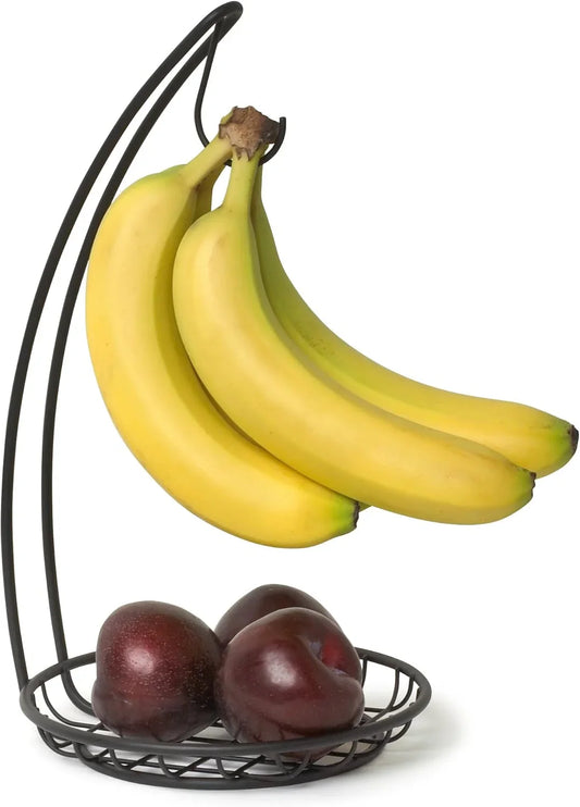 Grid Banana Holder Stand Black Modern Metal Fruit Tree Hanger with Hook for Kitchen Countertop Storage, Sturdy Heavy Duty Banana Hanger Hook Keeps Bananas Fresh Longer Preventing Bruises