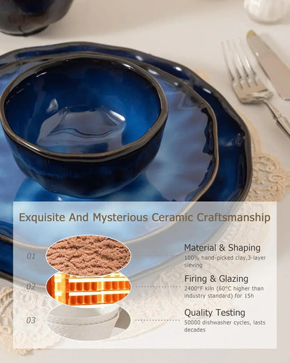 Blue ceramic bowl and plate set with artisan craftsmanship details for kitchen dining