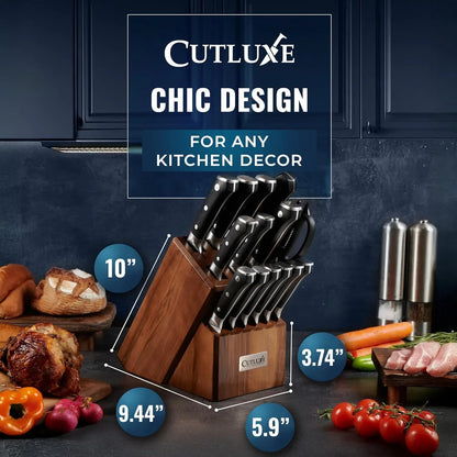 15-Piece Knife Set – High Carbon German Steel Blades, Full Tang Design & Ergonomic Pakkawood Handles in Walnut Wood Block – Artisan Series