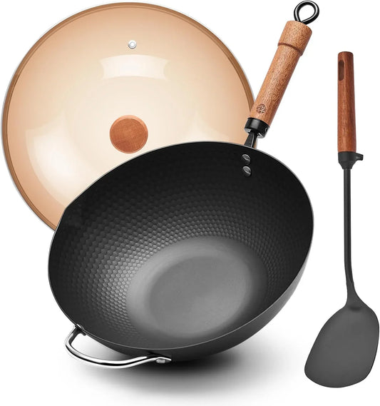 Carbon Steel Wok with Lid, 12.6" Hammered Stir Fry Pan with Helper Handle & Iron Spatula, Thickened Heavy Duty Flat Bottom Wok for Induction, Electric & Gas Stoves, Metal Utensil Safe