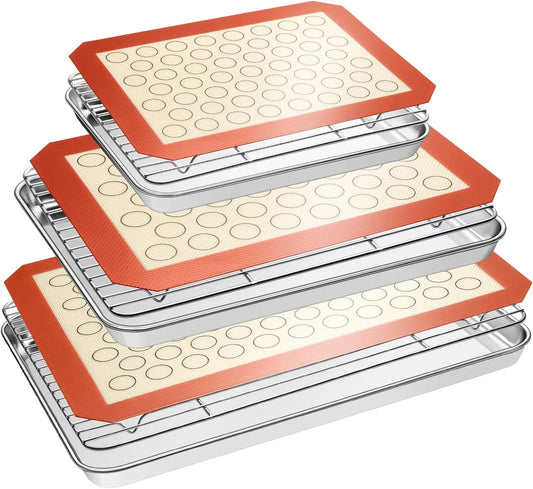 Baking Sheet Tray Cooling Rack with Silicone Baking Mat Set, Stainless Steel Cookie Pan for Oven, Set of 9 (3 Sheets + 3 Racks + 3 Mats), Warp Resistant & Heavy Duty & Easy Clean, Red