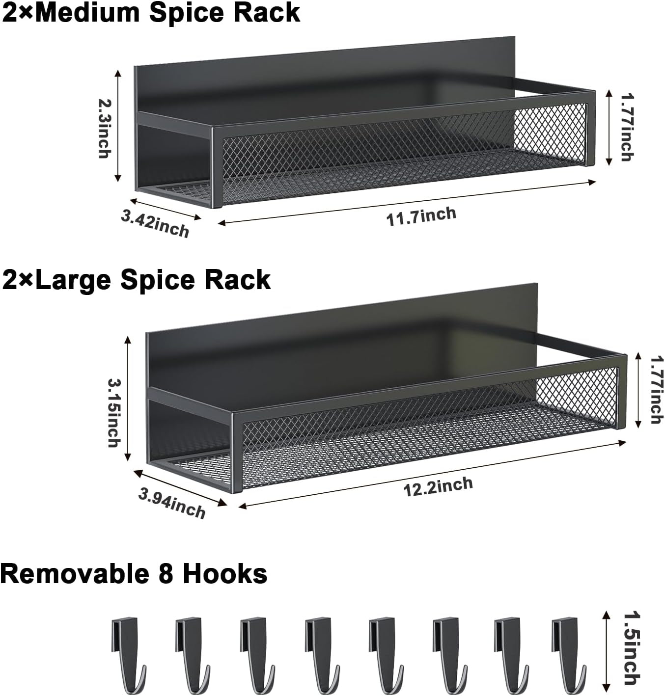 Magnetic Spice Rack for Refrigerator, 4 Pack Magnetic Shelf, Fridge Magnet Organizer with Moveable 8 Hooks, Magnetic Fridge Shelf for Kitchen Organization and Storage (4 Pack)
