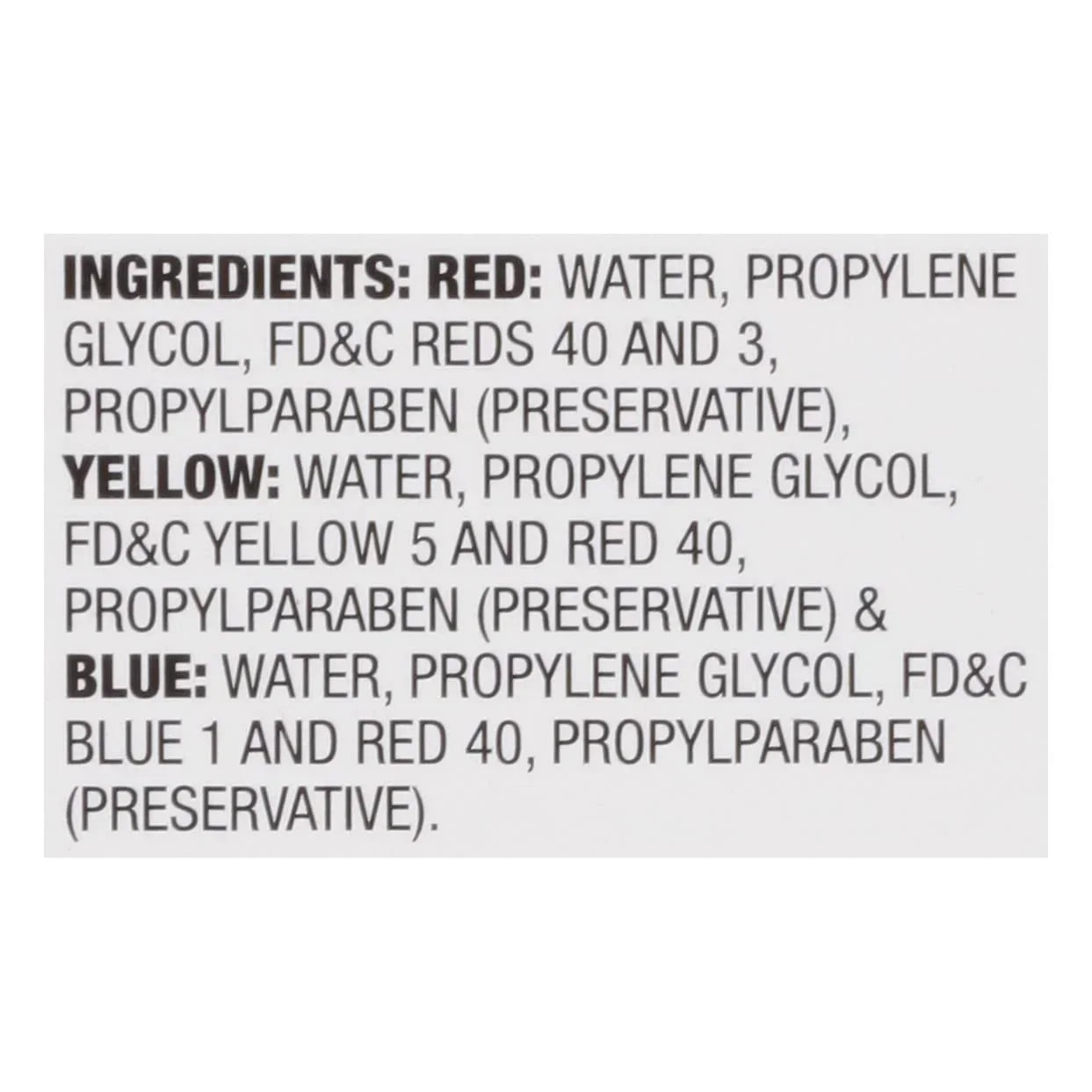 Ingredient list for red, yellow, and blue food coloring with water, propylene glycol, and preservatives