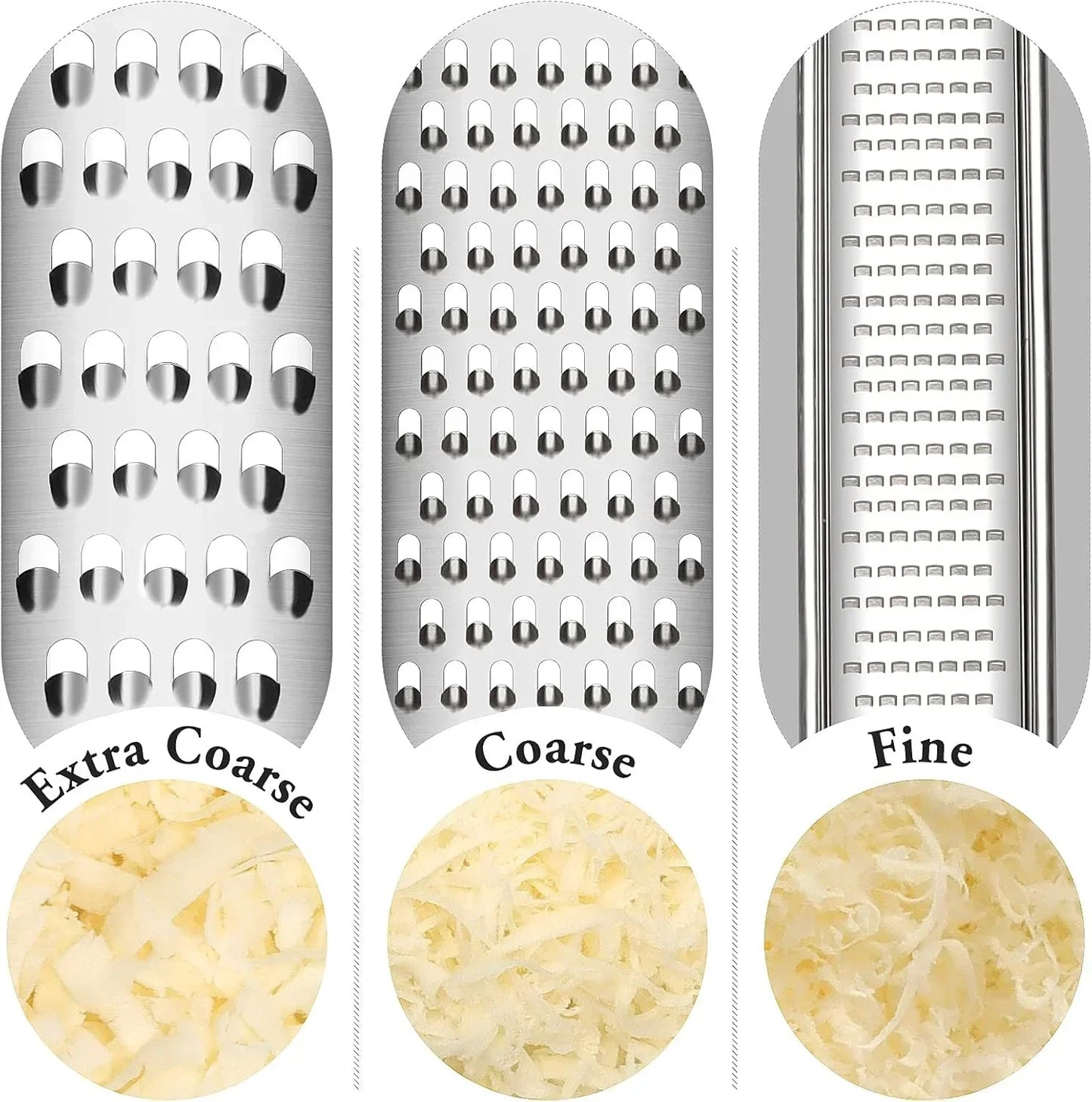 Stainless steel grater with extra coarse, coarse, and fine shredding options for cheese