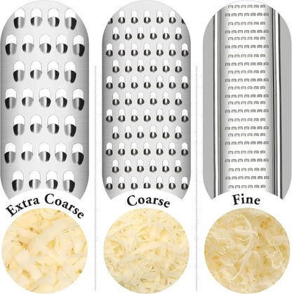 Stainless steel grater with extra coarse, coarse, and fine shredding options for cheese