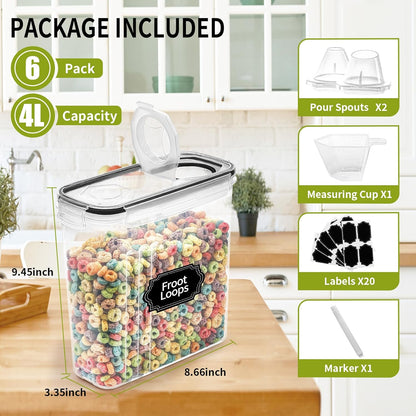 Cereal Containers Storage of 6 [4L/135.2 Oz], Airtight Food Storage Containers with Lids, Plastic Cereal Dispensers for Kitchen & Pantry Organizers and Storage, Measuring Cup & 20 Labels