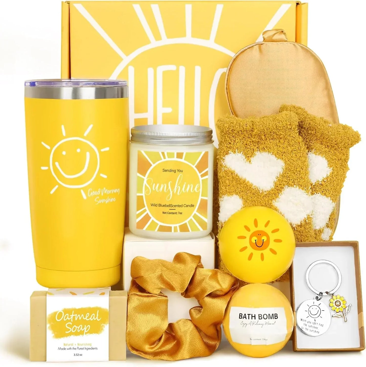 Sunshine-themed gift set with yellow tumbler, scented candle, bath bomb, oatmeal soap, and cozy socks
