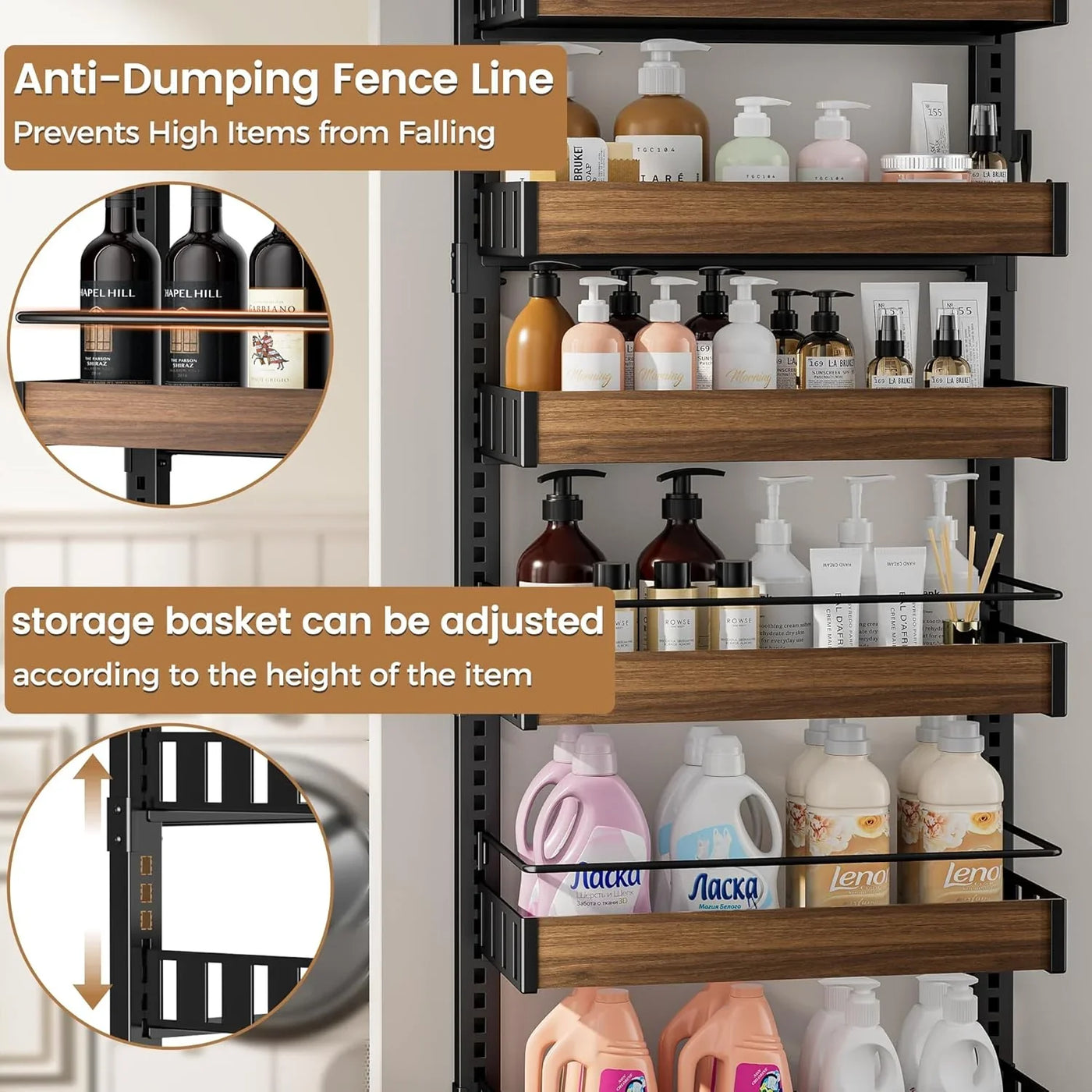 8 Tier over the Door Pantry Organizer, 2 in 1 Wall Mount or Hanging Spice Rack Seasoning Shelves with Adjustable Basket, Back of Door Organizer and Storage for Kitchen Cabinet and Room Closet
