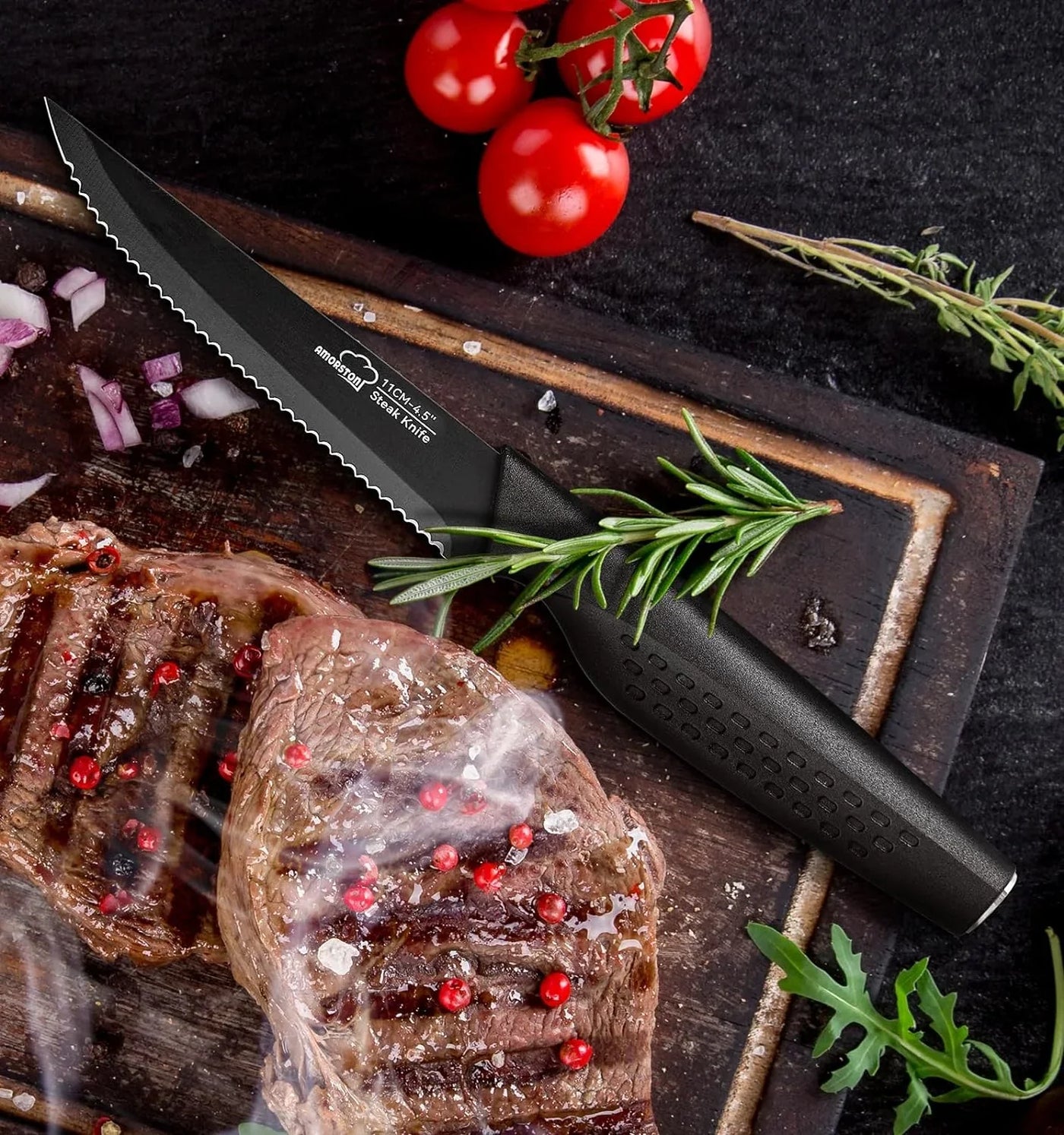 Steak Knives, Steak Knives Set of 8, Stainless Steel Steak Knife Set, Serrated Knives Dishwasher Safe, Elegant Black