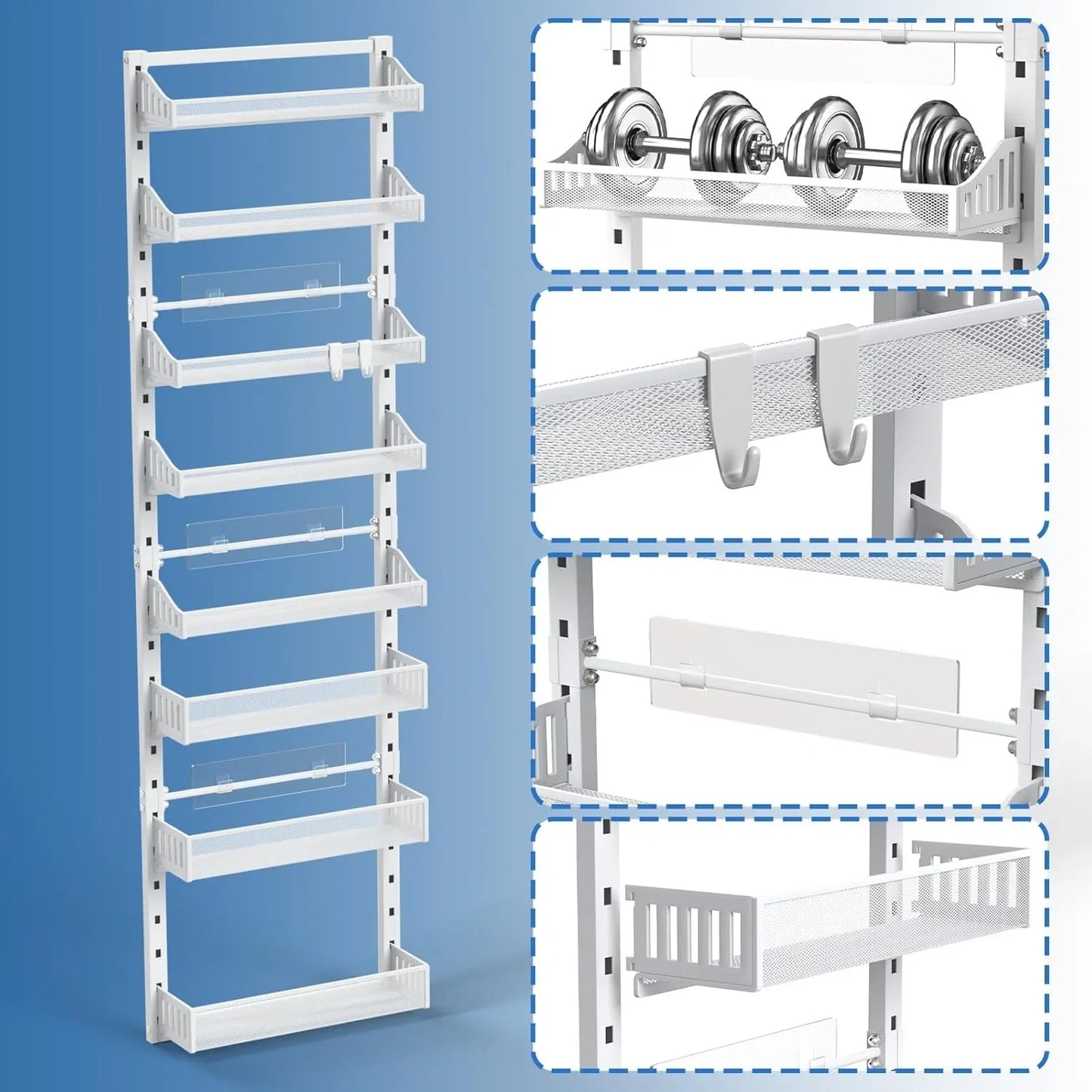 8-Tier over the Door Organizer, Heavy Duty Metal Pantry Organizer and Storage with Adjustable Baskets, 2-In-1 Hanging or Wall Mounted Shelf for Kitchen, Bathroom, Laundry Room-Large Spice Rack