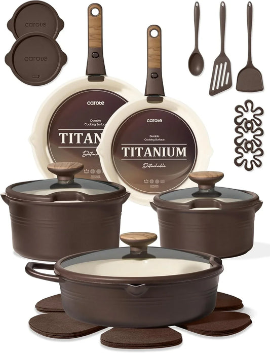 22Pcs Titanium Cookware Set, Pots and Pans Set Non Stick, Kitchen Cooking Set with Detachable Handle, Non Toxic Induction Cookware, Dishwasher/Oven Safe, Browm