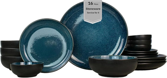 16-Piece Stoneware Dinnerware Set for 4, Glossy Black/Blue Big Dinner Plates and Bowls Sets with Reactive Glaze, Ceramic Dish Set, Modern Beautiful Dishes, Microwave & Dishwasher Safe, Resona