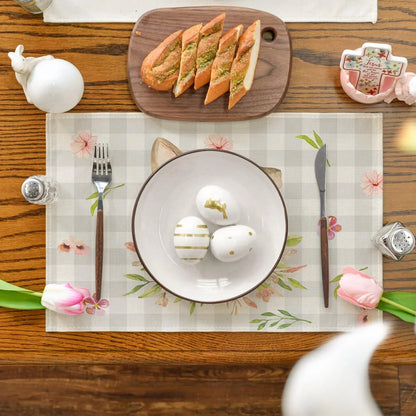 Buffalo Plaid Bunny Rabbit Ears Flower Easter Placemats for Dining Table, 12 X 18 Inch Spring Summer Seasonal Holiday Rustic Vintage Washable Table Mats Set of 4