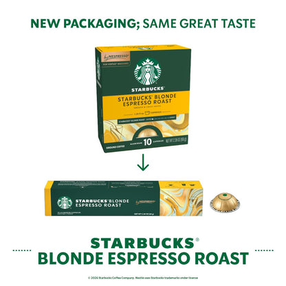 Starbucks by Nespresso Vertuo, Blonde Roast Espresso, 50-Count Espresso Pods, Brews, 1.35 Oz.